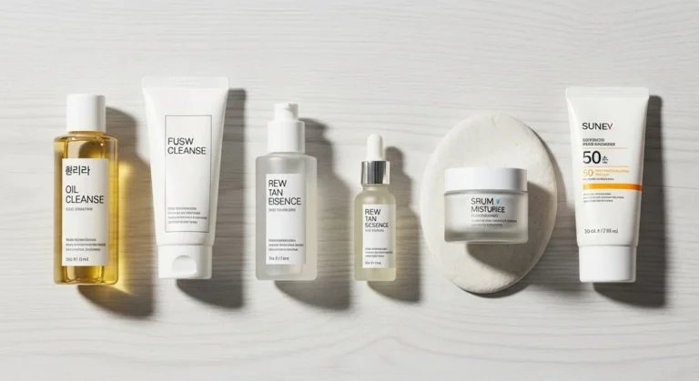 Seven Korean skincare products arranged in