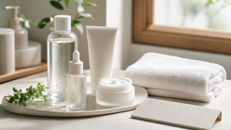 K-beauty barrier repair routine with gentle skincare products, toner, serum, moisturizer, and towel