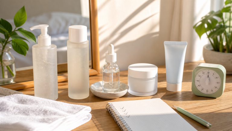 Simple five minute Korean morning skincare routine with cleanser, toner, serum, moisturizer, and sunscreen