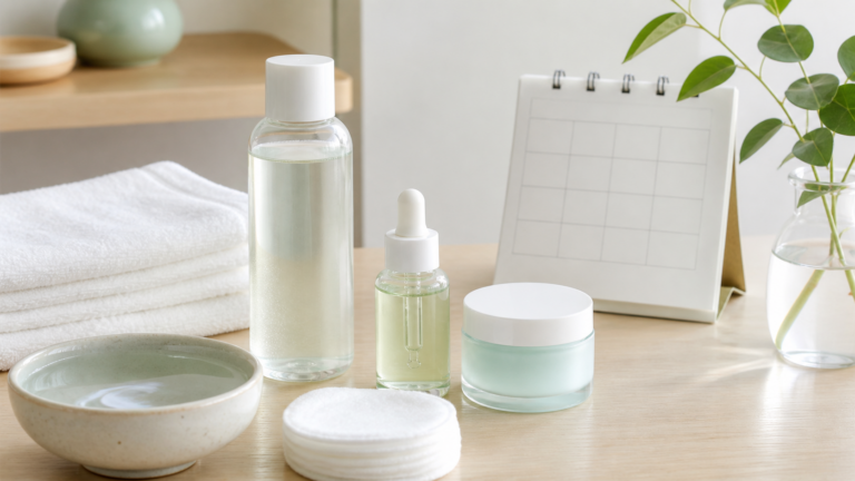 Gentle skincare routine for rough skin texture with mild toner, cotton pads, serum, and moisturizer