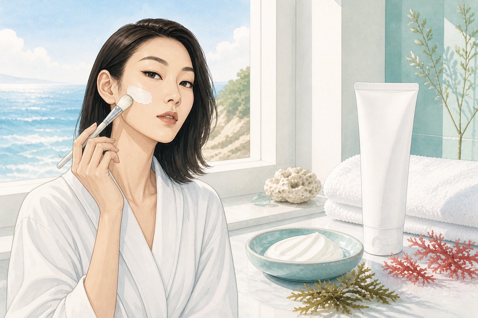Editorial illustration of Korean model Han Hye-jin applying a cream face mask beside marine skincare ingredients