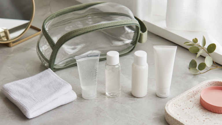 Four-step Korean skincare travel routine with travel-size cleanser, toner, moisturizer, and sunscreen