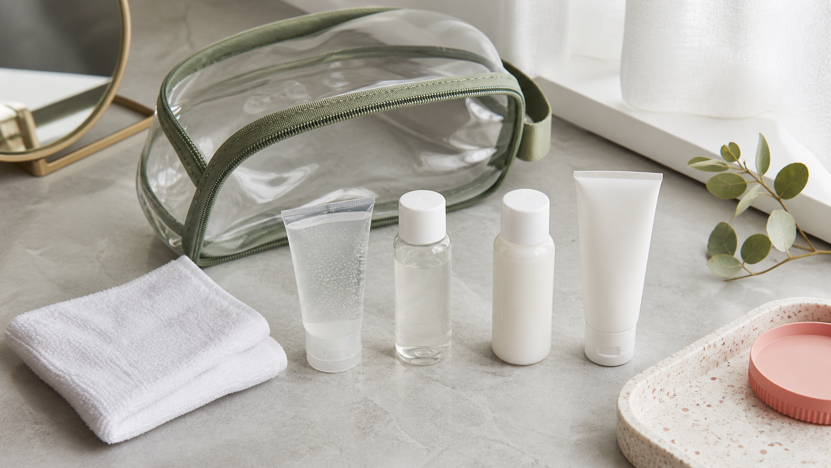 Four-step Korean skincare travel routine with travel-size cleanser, toner, moisturizer, and sunscreen