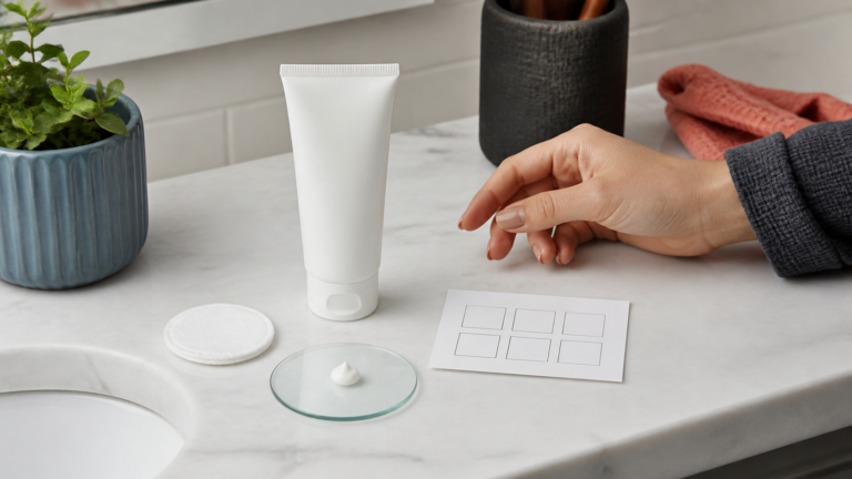 Patch-test setup with unbranded moisturizer, cotton pad, cream sample, and blank testing card