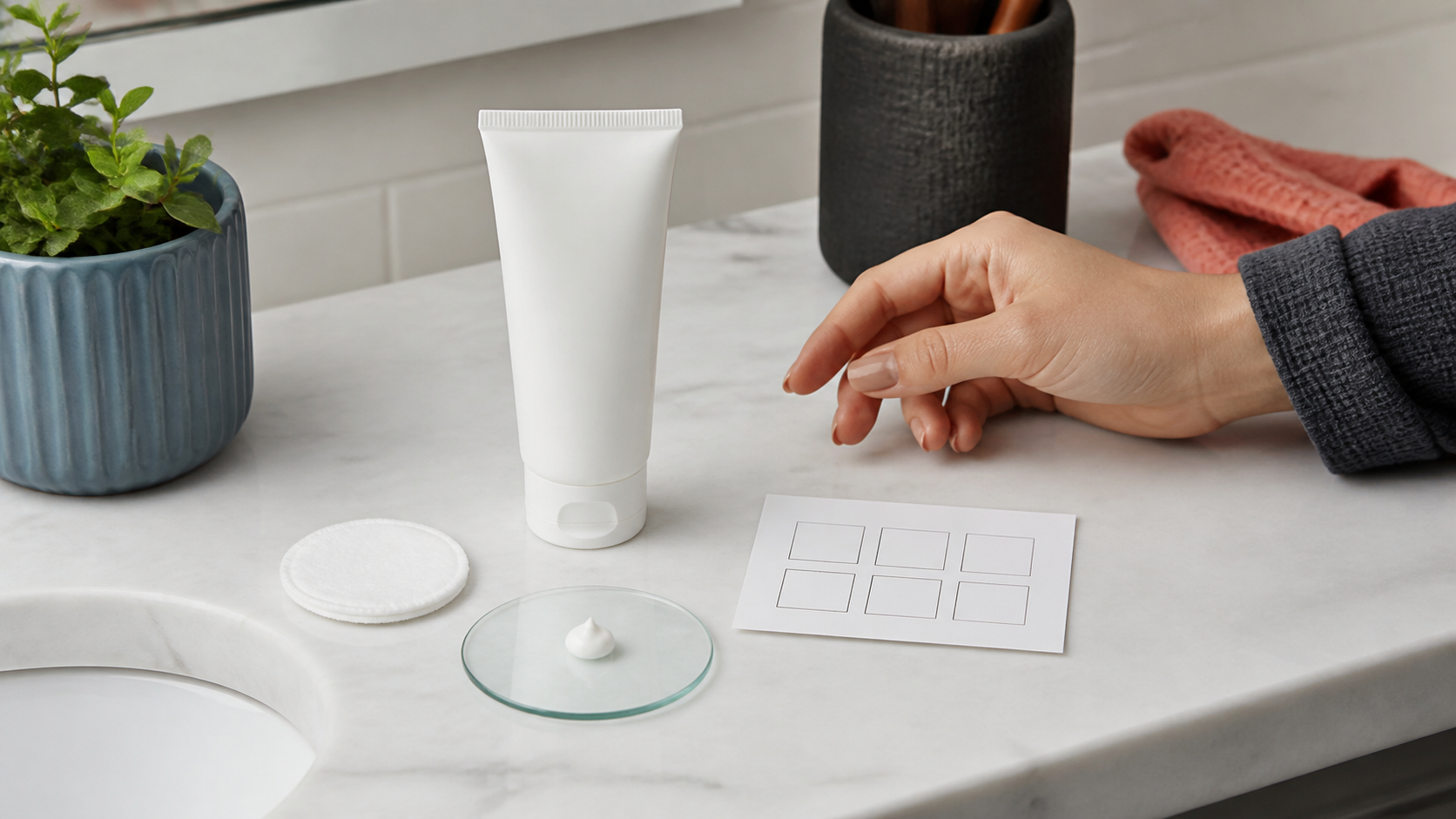 Patch-test setup with unbranded moisturizer, cotton pad, cream sample, and blank testing card