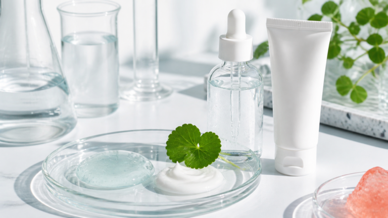 Panthenol skincare textures with clear serum and white barrier cream in a clean laboratory setting