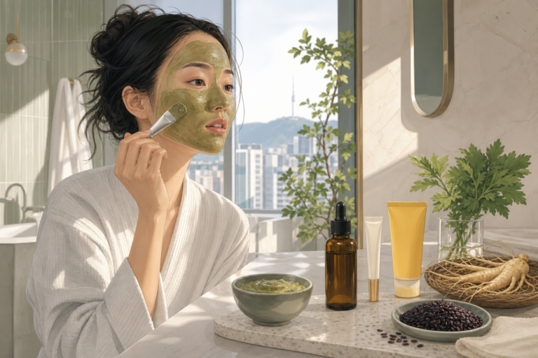 Editorial illustration of a woman applying a mugwort mask beside Korean skincare products