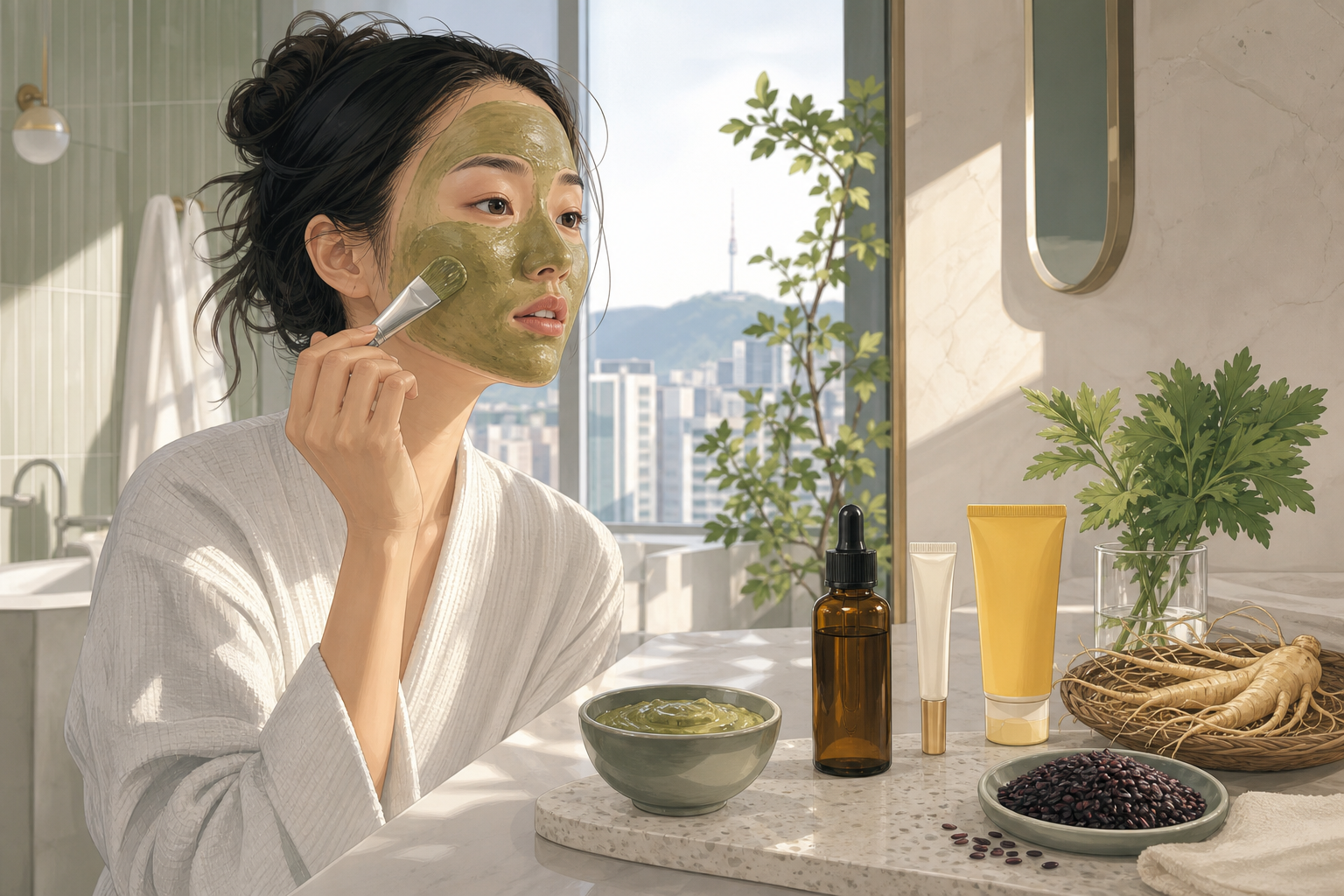 Editorial illustration of a woman applying a mugwort mask beside Korean skincare products