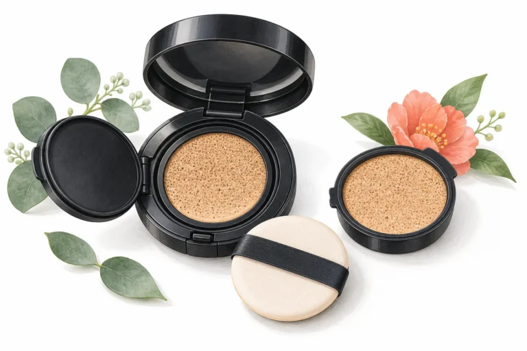 Illustration of a cushion compact, application puff, and separate refill cartridge