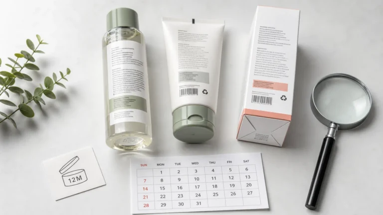 Illustration of skincare packaging beside a 12M open-jar symbol and calendar